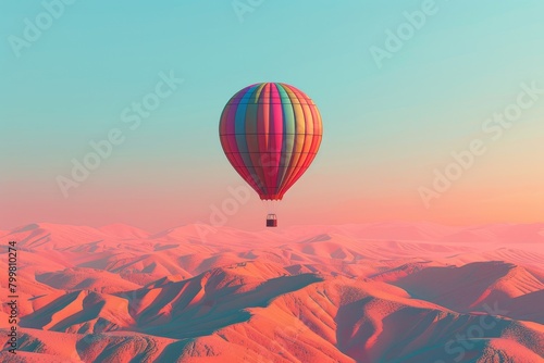 A colorful hot air balloon is floating over a desert landscape