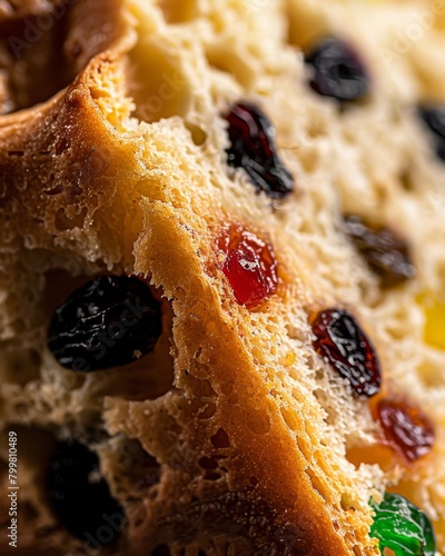 Extreme close-up of a fruitcake piece displaying its spongy texture with scattered candied fruits photo