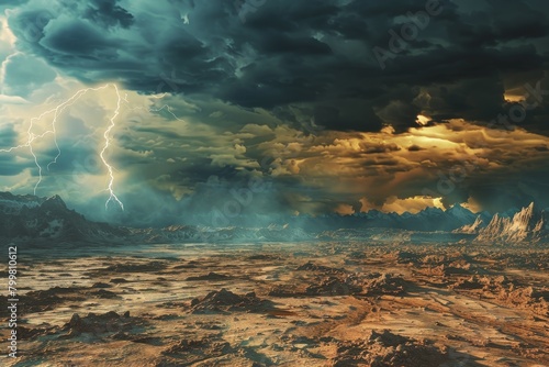 A stormy sky with a lightning bolt and a dark, barren landscape