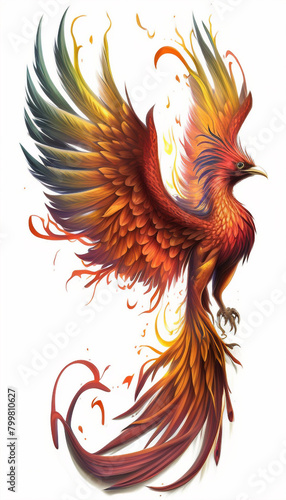 Rainbow Feathered Phoenix: Chinese Firebird with Gold Wings in Long Plumage