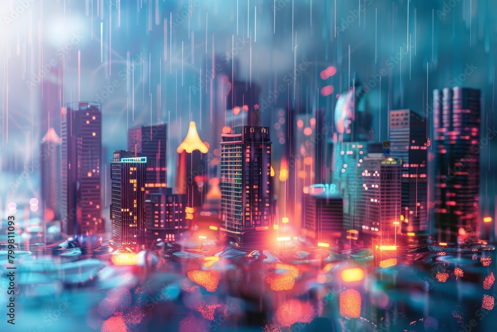 Fototapeta premium A cityscape with a bright red lightning bolt in the sky