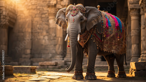 An elephant is standing in front of a temple. 