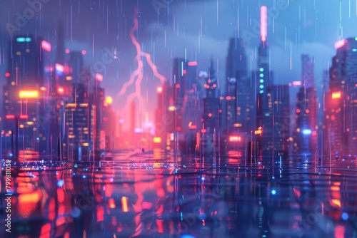 A cityscape with a bright red lightning bolt in the sky