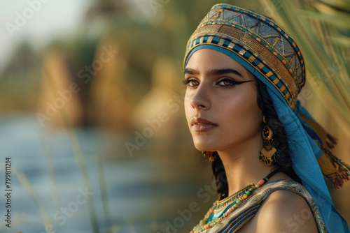 A young woman in ancient Egyptian attire, standing by the Nile
