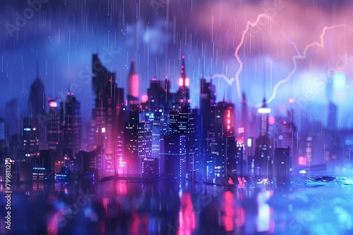 A cityscape with a bright red lightning bolt in the sky © Phuriphat