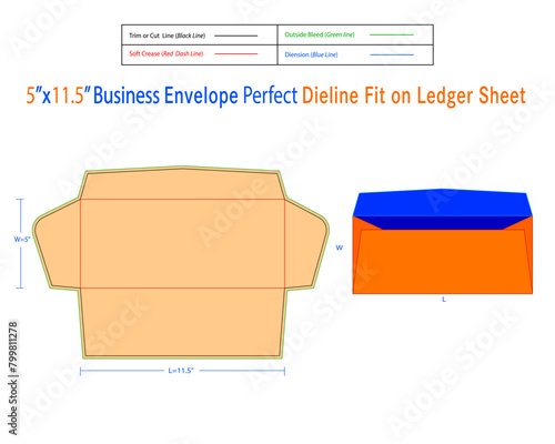 Business Envelope W 5, L 11.5 Inches Dieline Template