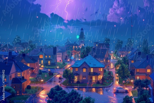 A small town is shown in the rain with houses lit up at night © Phuriphat