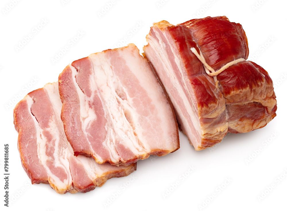 smoked sliced pork brisket isolated on white background. clipping path