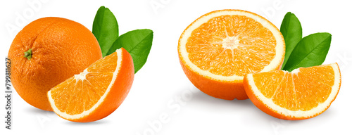 orange fruit with cut of orange and green leaves isolated on white background. clipping path