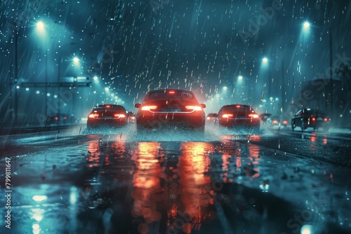 A car is driving down a wet road with other cars in the background