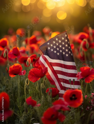 The stars and stripes of the American flag stand out in a poppy field, illuminated by a bokeh effect from the sunset.