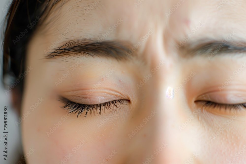 Obraz premium Asian woman's eyes. Closed eyelids. Eyelashes. Eyebrows. Highlighter. Clear skin. Makeup. Mascara. Japanese female. Eyeliner. Cosmetics. Make-up artist. Skin routine. Skincare