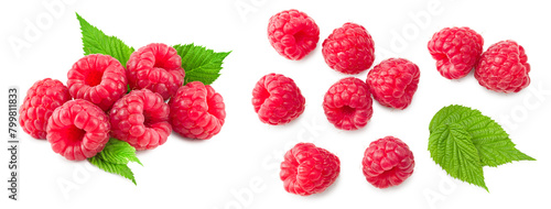 ripe raspberry with green leaf isolated on white background. macro. clipping path