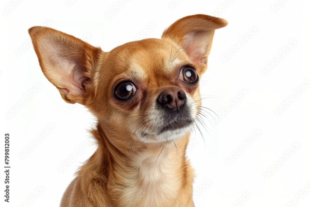 Chihuahua puppy poses on white background, adorable and playful.