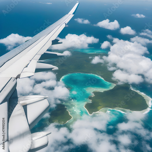 Aerial view of the ocean and tropical islands seen through an airplane