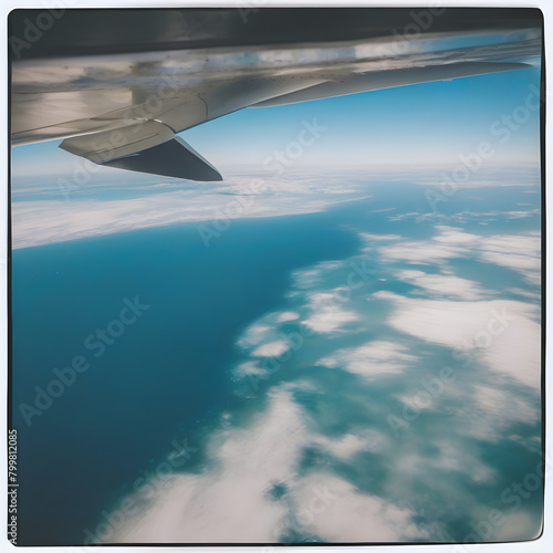 Aerial view of the ocean and tropical islands seen through an airplane