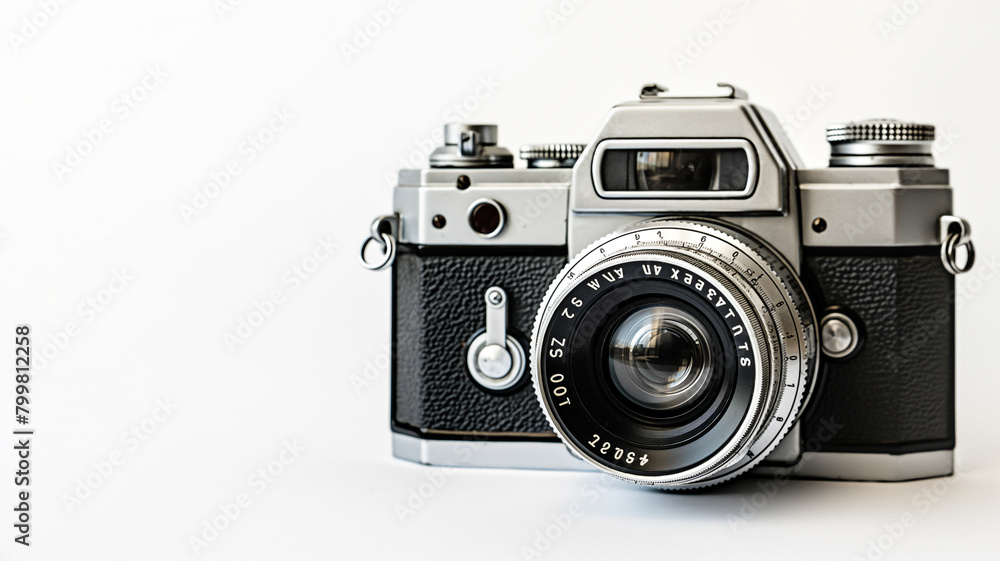 Vintage camera on a white background, embodying classic photography with its timeless design.