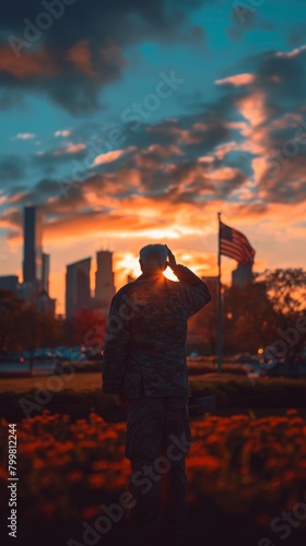 A twilight scene captures a soldier saluting the American flag, with a dramatic sky and city skyline.