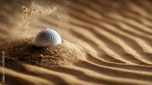 Golf ball making impact in sand trap, sand grains flying, dynamic sports moment captured. photo
