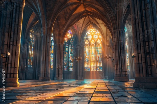 A large  empty room with stained glass windows and a cathedral-like atmosphere