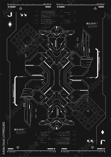 Tech Abstract poster template with HUD elements. cyber culture, Modern flyer for web and print. hacking, Cyberpunk futuristic poster. programming and virtual environments. (ID: 799812683)