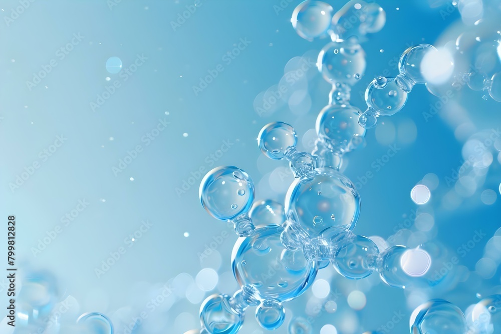 Blue background with water bubbles and molecules promoting collagen serum skincare. Concept Skincare Photography, Collagen Serum, Blue Background, Water Bubbles, Molecular Structure Blue background with water bubbles and molecules promoting collagen serum skincare. Concept Skincare Photography, Collagen Serum, Blue Background, Water Bubbles, Molecular Structure