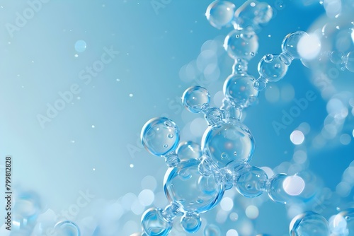 Blue background with water bubbles and molecules promoting collagen serum skincare. Concept Skincare Photography, Collagen Serum, Blue Background, Water Bubbles, Molecular Structure