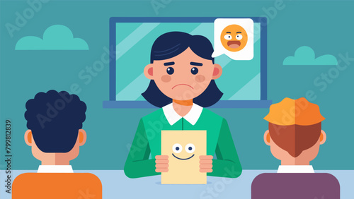 A student holding a card with a picture of a facial expression trying to imitate it in front of the class to show their understanding of nonverbal. Vector illustration