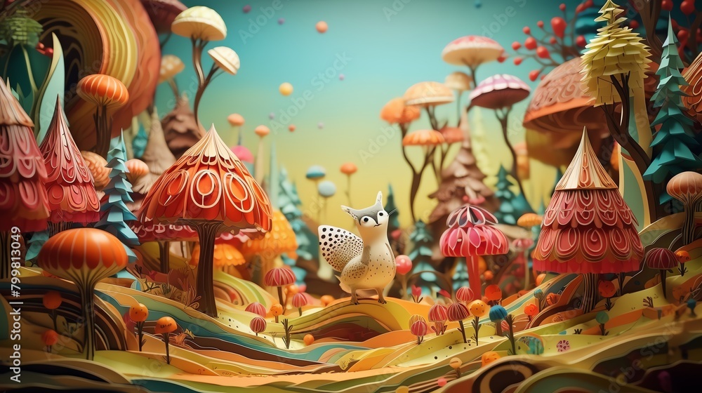 Craft a hand-drawn animation in 3D, where fantastical creatures roam a minimalist landscape Let each character burst with vibrant colors, enhancing the whimsical charm of the scene