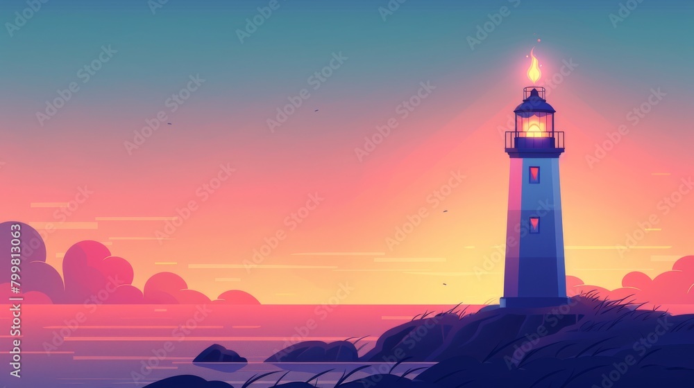 A lighthouse at sunset with a pink sky and blue sea.