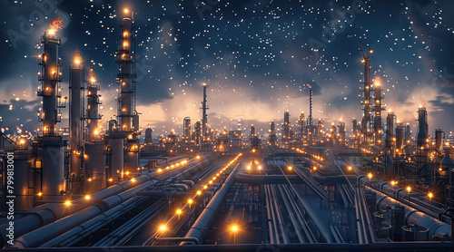Industrial panorama of an oil and gas refinery operating under the stars, featuring detailed pipeline and storage tank installations. Generative AI.