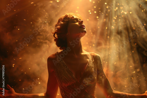 A young woman in a 1930s evening gown, singing on a stage