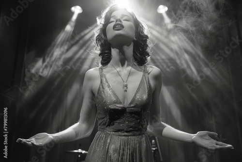 A young woman in a 1930s evening gown, singing on a stage