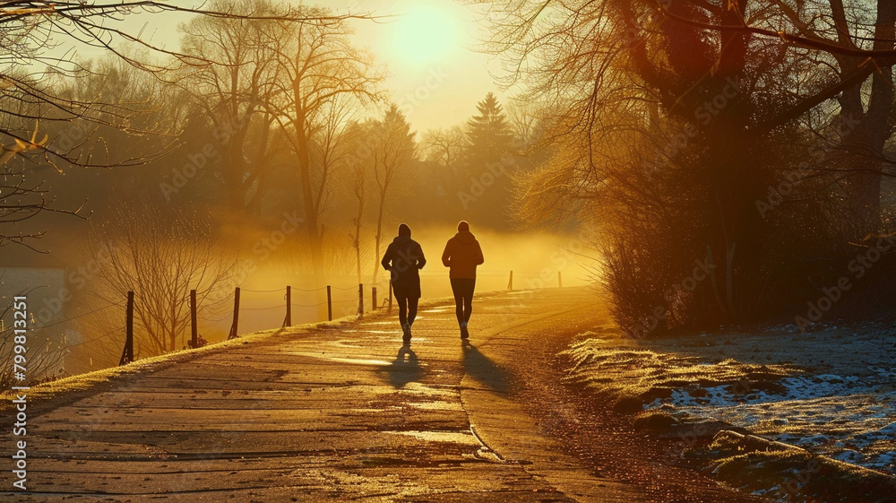 Fototapeta premium Two People Running at Sunset Through the Forest