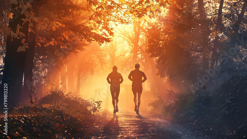 Two People Running at Sunset Through the Forest