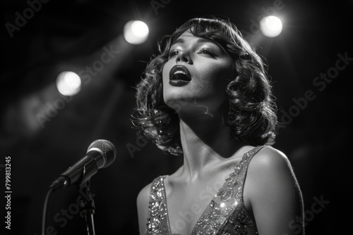 A young woman in a 1930s evening gown, singing on a stage