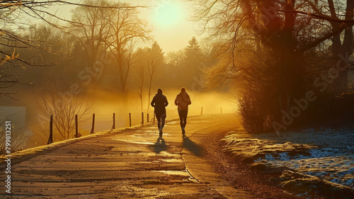 Two People Running at Sunset Through the Forest