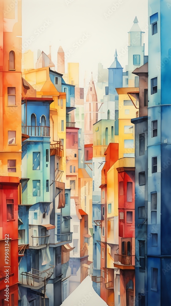 Capture a whimsical world in watercolor with a tilted angle view of a bustling cityscape Infuse it with vibrant hues to bring out the cartoonish charm Make it feel alive yet dreamy