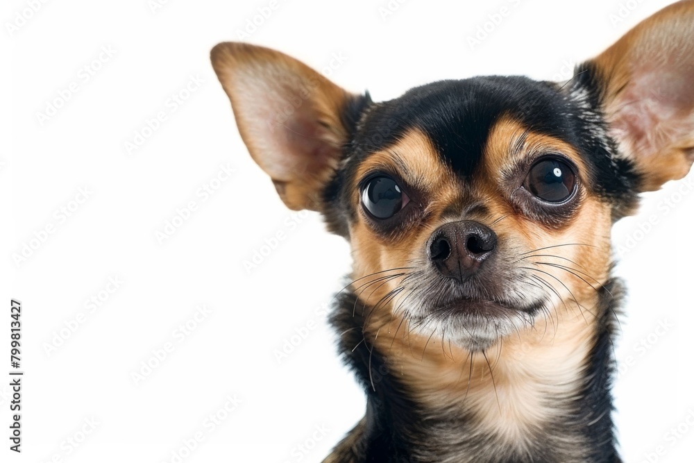 Chihuahua puppy poses on white background, adorable and playful.