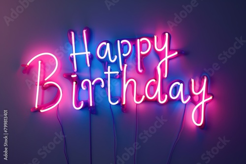 Neon sign with the words "Happy Birthday" in bright pink and blue lights.