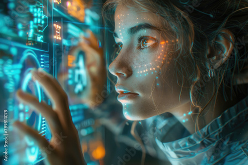 A young woman in futuristic tech wear, working on a holographic interface