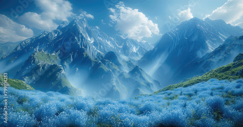 Mountain range showered in an intense blue and white bloom light, volumetric streaks, beautiful. Generative AI. #799814253