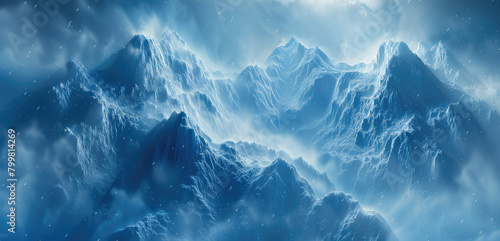 Mountain range showered in an intense blue and white bloom light, volumetric streaks, beautiful. Generative AI.