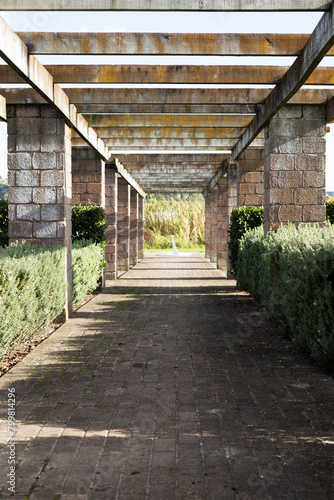 Long walkway with timber pergola, green hedges and sun dial at the end, beside the lake. 