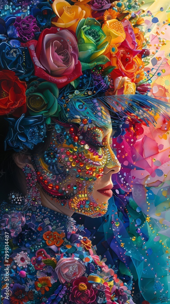 Intricate Embroidery of Gems and Flowers on a Woman's Face in Art