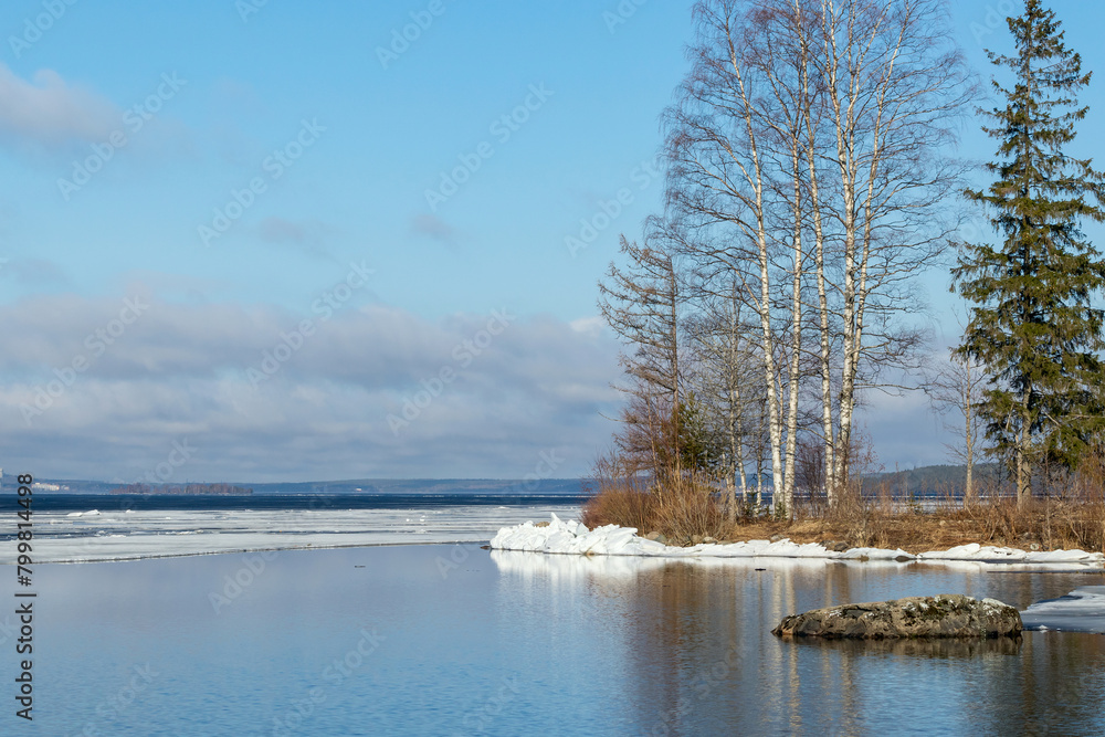 Spring morning landscape of large Lake Onega on a clear day.
