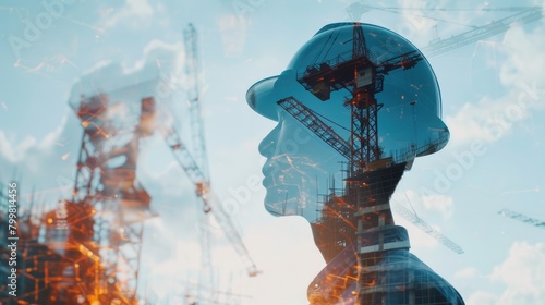 Double exposure of engineer wearing safety helmet with building construction or skyscraper. Close up portrait of architect or interior designer thinking about designing architectural building. AIG42. © Summit Art Creations