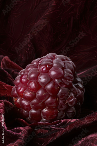 Luxurious close-up of a boysenberry against dark velvet, highlighting its deep maroon color and aggregate fruit structure. photo