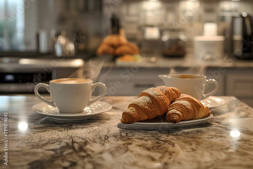 A plate of two croissaints alongside two cups of fresh steaming coffee sitting in a kitchen