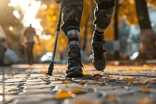 Low angle view of man with prosthetic leg walking on street. Concept Street photography, Disability awareness, Prosthetic technology, Overcoming challenges photo